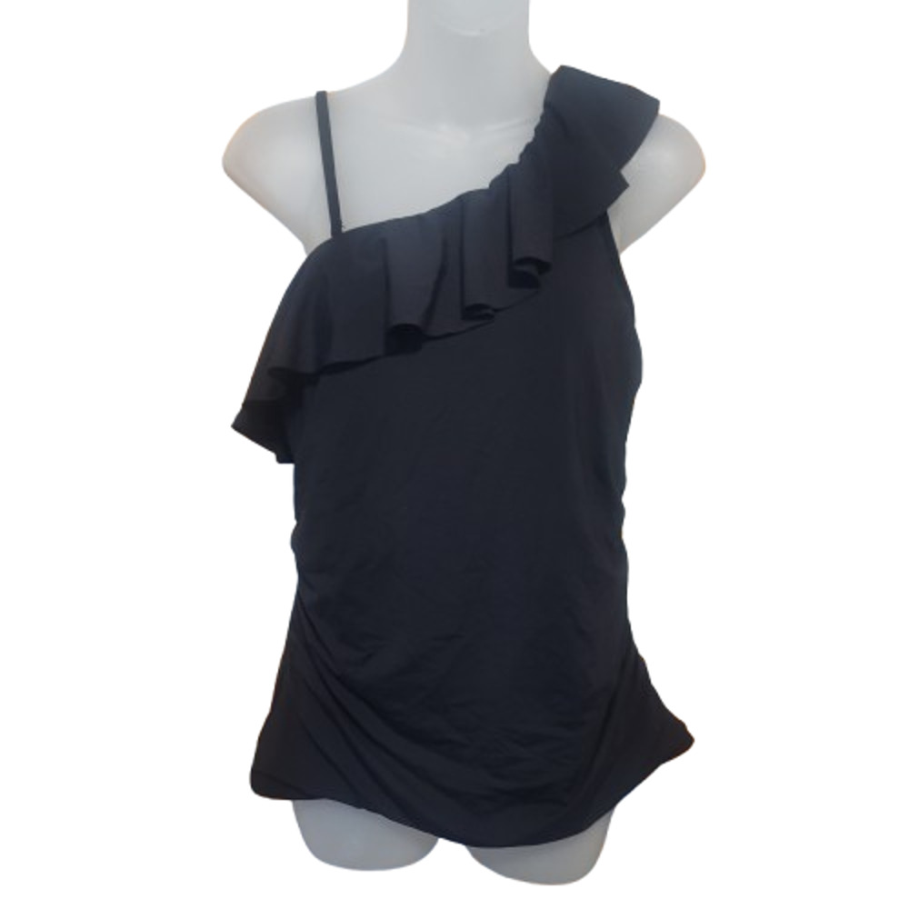 Yonique Women's Black One Shoulder Ruffle Tankini Top Size L BG31